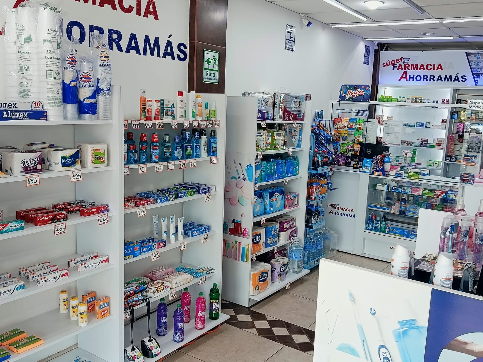 Interior de la farmacia con estantes y mostrador